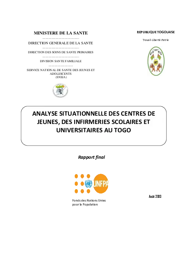 ANALYSE SITUATIONNELLE DES CENTRES DE JEUNES ET INFIRMERIES SCOLAIRES ET UNIVERSITAIRES AU TOGO